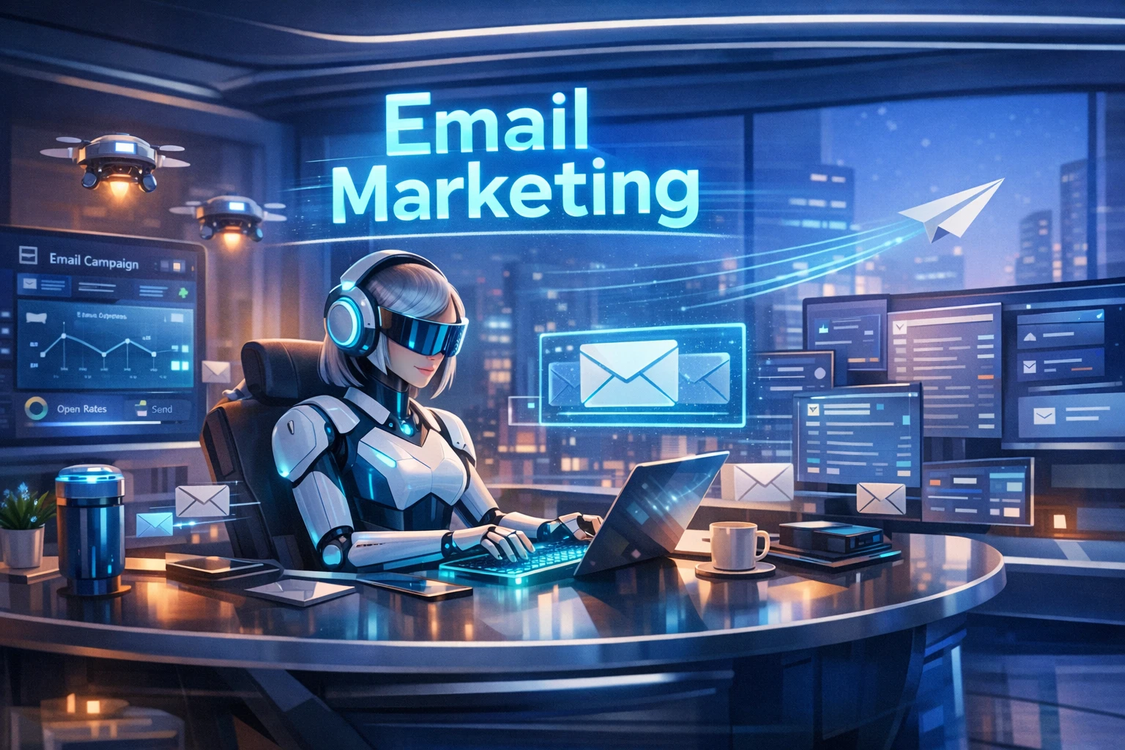 AI assistant running email marketing campaigns with dashboards, inbox panels, and performance metrics